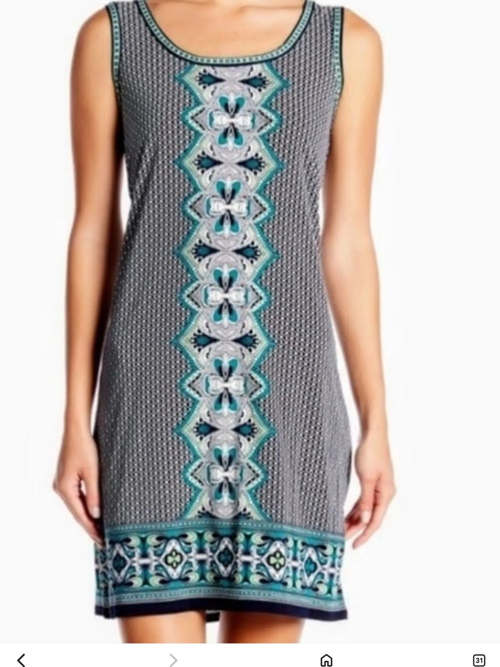 Max Studio Sleeveless Grey Teal Printed Shift Dress NWOT